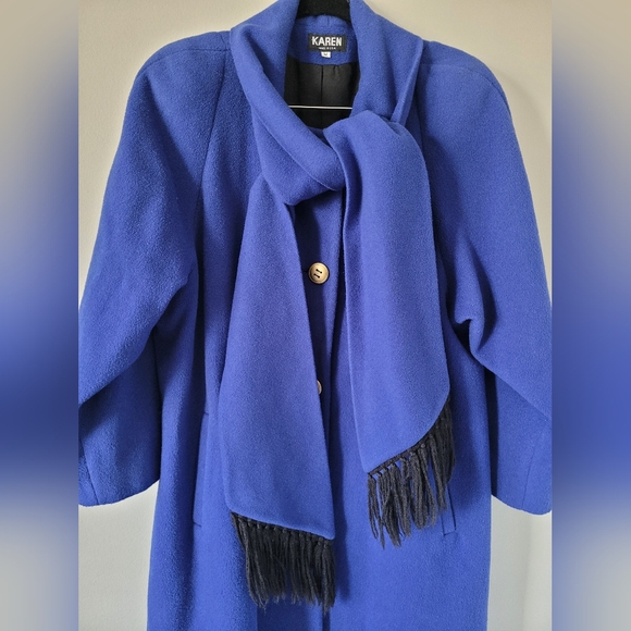 Karen 100%Pure Wool Royal Blue Women's Coat/Scarf/Fringe Detail Medium Oz.